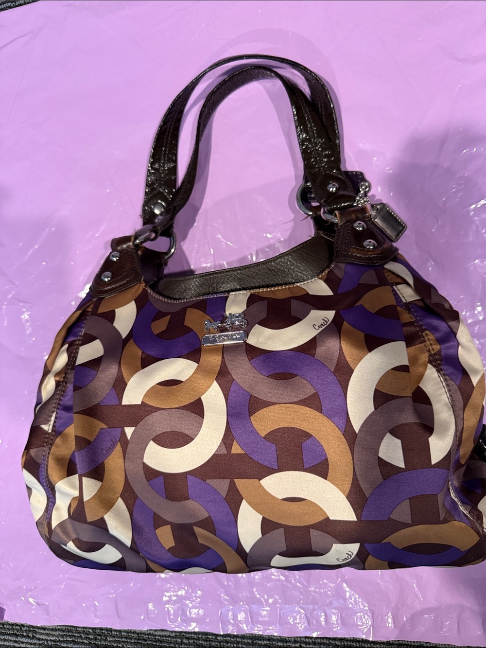 Coach Brown, Purple & Cream Interlock Pattern Shoulder Bag